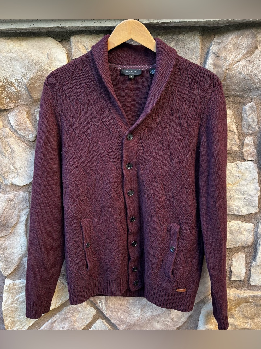 Ted Baker Zigtop Cardigan Sweater Size 4 Large Pockets Burgundy Button Front